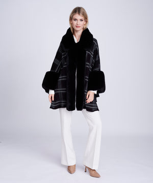Black Check Wrap with Fur Trim and Â¾ Sleeves