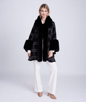 Black Check Wrap with Fur Trim and ¾ Sleeves