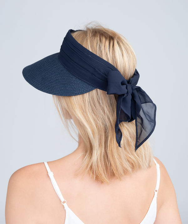 Navy Straw Roll-Up Visor with Chiffon Tie