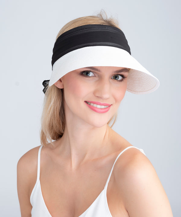 White/Black Straw Visor with Chiffon Tie and Velcro Fastening