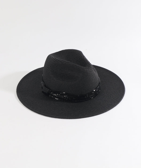 Black Straw Fedora Hat with Sequin Trim and Sun Protection