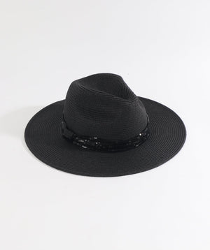 Black Straw Fedora Hat with Sequin Trim and Sun Protection