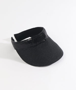 Black Straw Visor with Sparkling Sequin Trim and UPF 50 Sun Protection