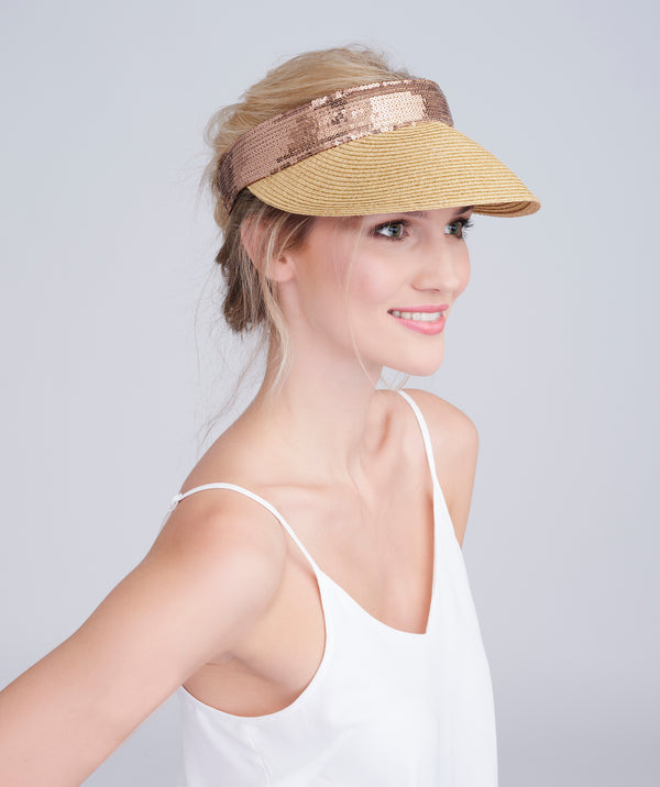 Natural Straw Visor with Sparkling Sequin Trim