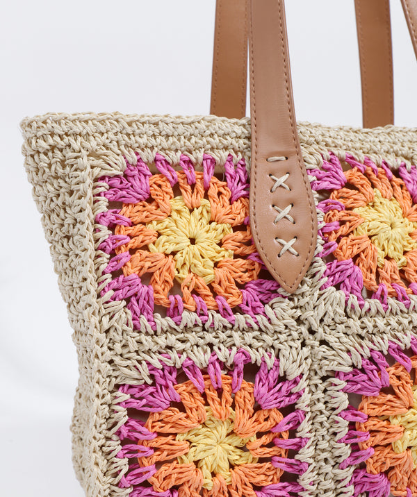 Close Up View: Sand/Pink Floral Crochet Tote Bag with Zipped Closure