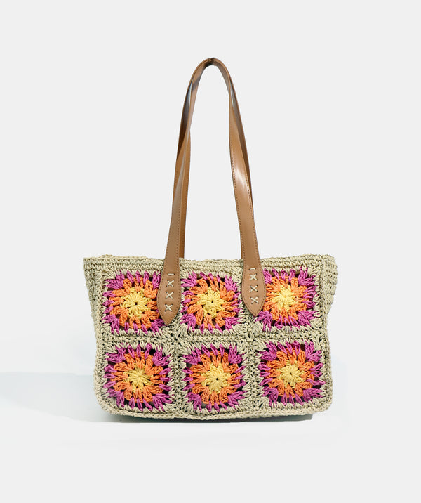 Sand/Pink Floral Crochet Tote Bag with Zipped Closure