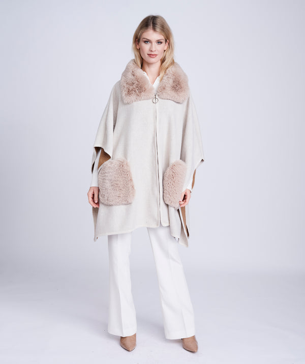 Beige Faux Fur Trim Cape with Check Pattern