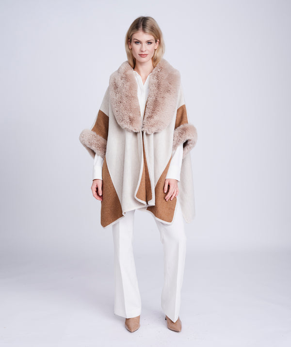 Almond Cream Two-Tone Wrap with Faux Fur Trim