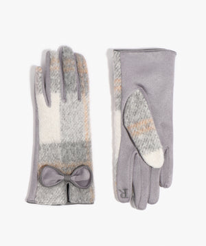 Silver Grey Check Pattern Faux Suede Glove with Bow Embellishment
