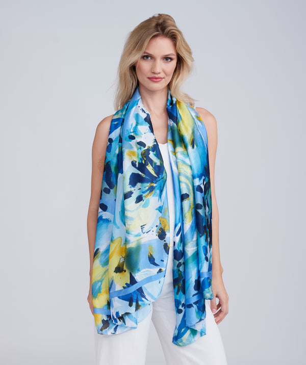 Blue Floral Print Silky Scarf with Finished Hemline