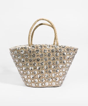 Metallic Flower Embellished Straw Basket Bag with Secure Closure