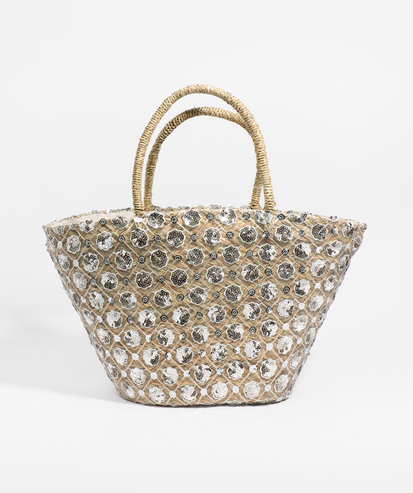 Metallic Flower Embellished Straw Basket Bag with Secure Closure