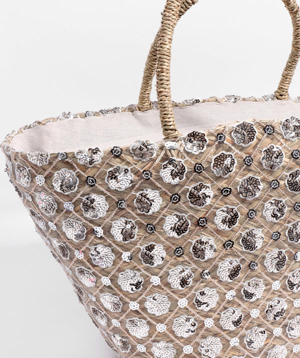 Side View: Metallic Flower Embellished Straw Basket Bag with Secure Closure