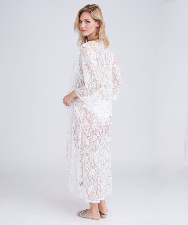 White Sequin Lace Kimono with Tie Belt