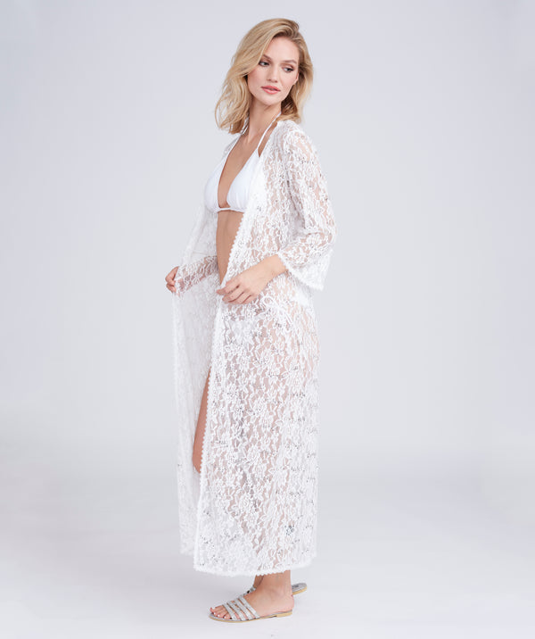 White Sequin Lace Kimono with Tie Belt