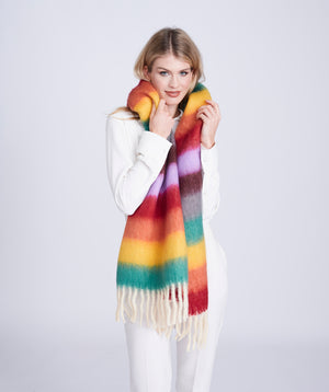 Multicoloured Striped Blanket Scarf with Fringed Hemline