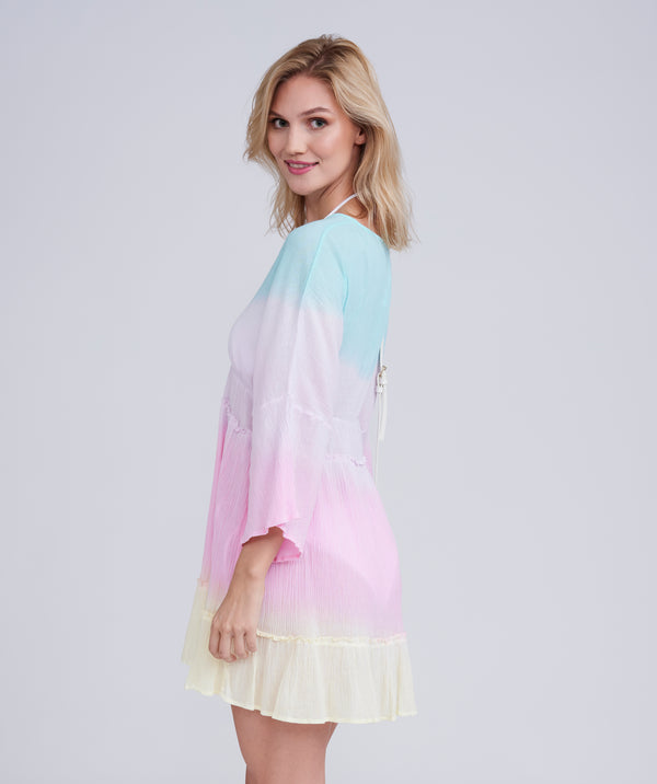 Side View: Pastel Rainbow Print Midi Beach Dress with Bell Sleeves