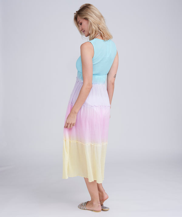 Back View: Pastel Rainbow Ombre Maxi Dress in Soft Cotton