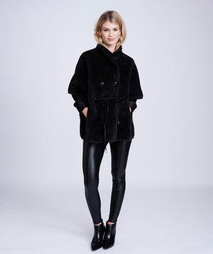 Black Faux Shearling Coat with Faux Fur Lining and Button Detail