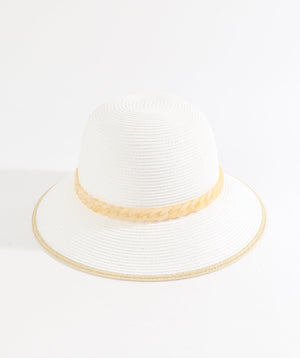 White/Natural Paper Straw Bucket Hat with Chain Belt Embellishment