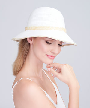 White/Natural Paper Straw Bucket Hat with Chain Belt Embellishment