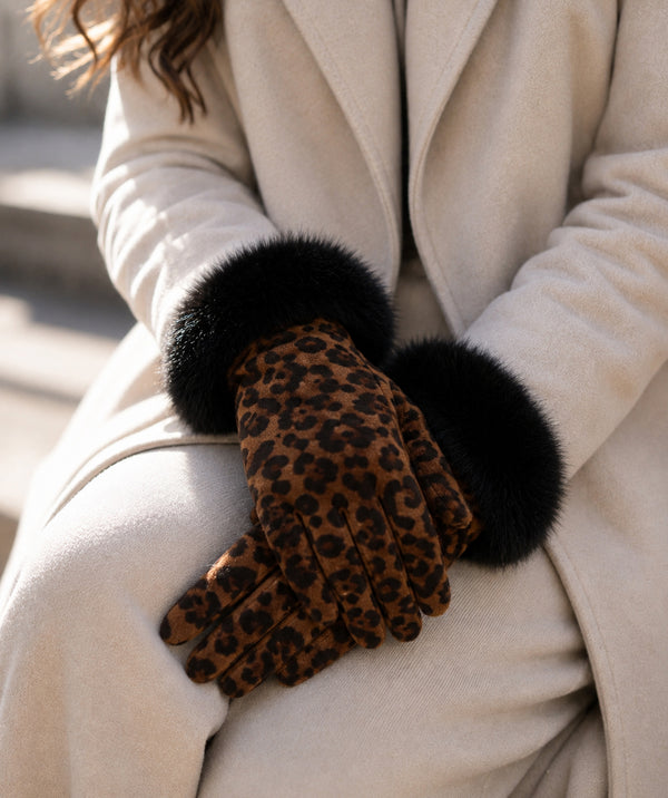 Catriona - Faux Fur Cuff Leopard Print Gloves
