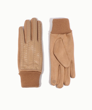 Camel Faux Leather and Suede Roll Cuff Gloves