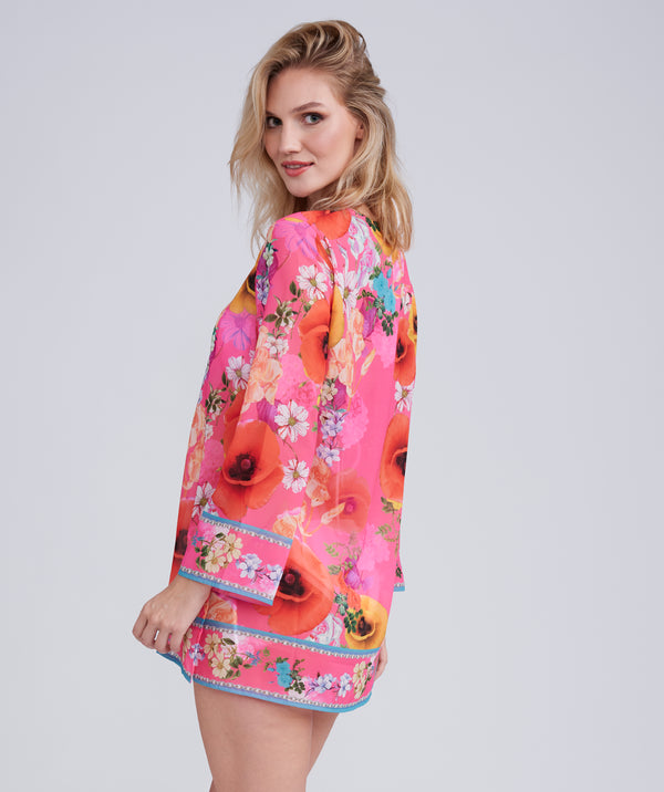 Pink Floral Print Midi Length Cover Up with Beaded Embellishment