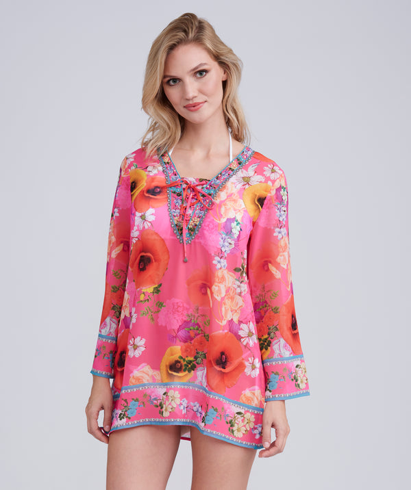 Pink Floral Print Midi Length Cover Up with Beaded Embellishment