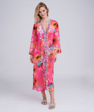 Pink Floral Print Midi Length Cover Up with Beaded Embellishment