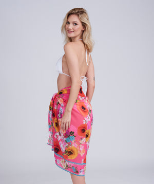 Pink Floral Print Sarong in Lightweight Crease-Free Fabric