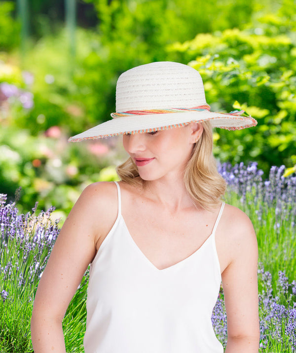 Wide brim straw hat with colourful trim, adjustable fit and UPF 50+ sun protection, lightweight summer hat for beach, holiday and outdoor wear.