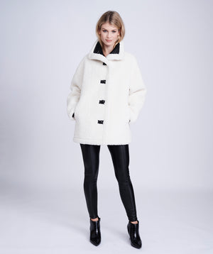 Winter White Borg Coat with Faux Leather Lining and Button Closure