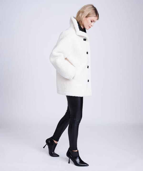 Winter White Borg Coat with Faux Leather Lining and Button Closure