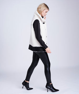 Winter White Borg Gilet with Faux Leather Details and Button Closure