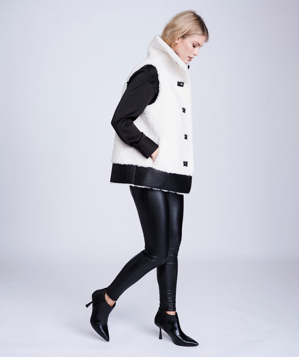 Winter White Borg Gilet with Faux Leather Details and Button Closure
