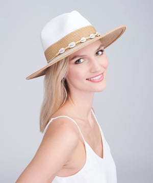 Natural Two Tone Paper Straw Fedora Hat with Shell Embellishment