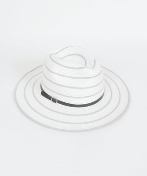 White/Silver Striped Straw Fedora with Metallic Accents and UPF 50 Protection