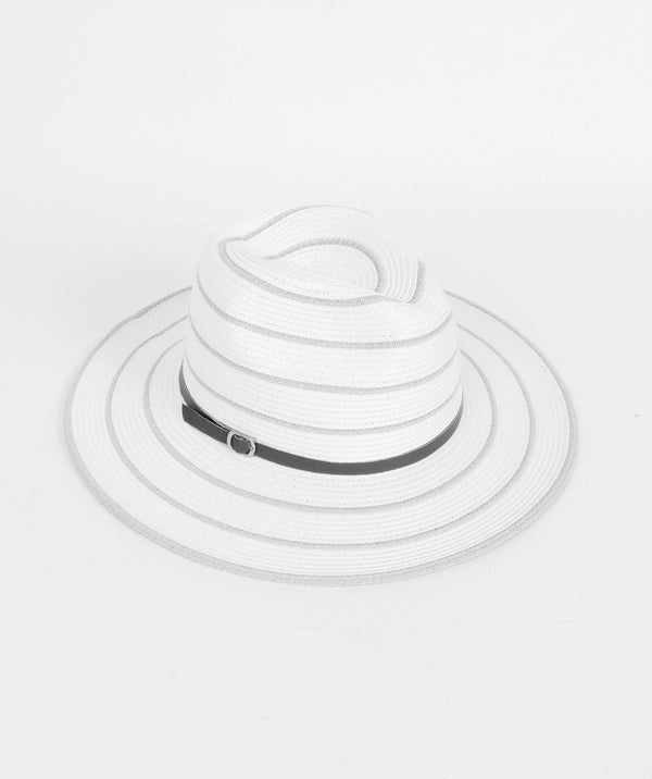 White/Silver Striped Straw Fedora with Metallic Accents and UPF 50 Protection