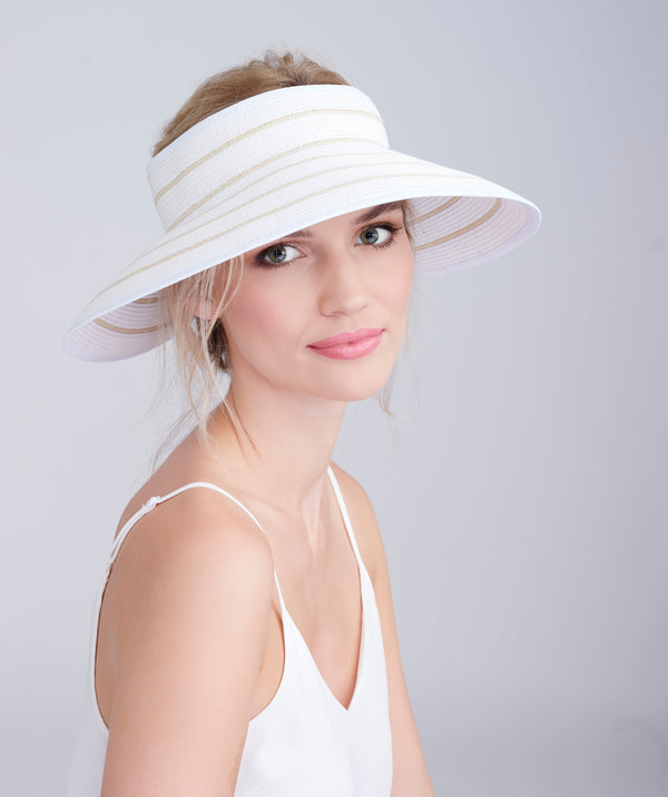 White/Natural Wide Brim Woven Straw Roll-Up Visor with Adjustable Velcro
