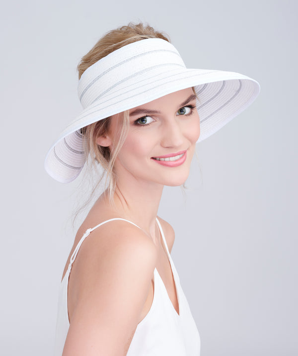 White/Silver Wide Brim Woven Straw Roll-Up Visor with Adjustable Velcro