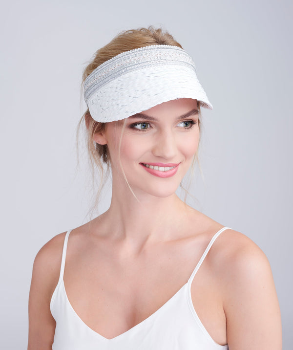 Straw sun visor with gold embroidered embellishment, peaked brim, lightweight fit for sun protection and summer beach or holiday wear.