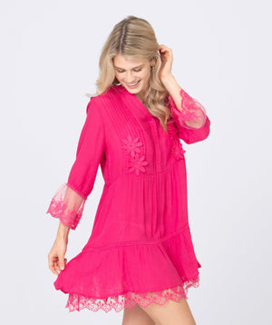 Side View: Hot Pink Floral Embroidered Midi Beach Dress with Ruffle Hem