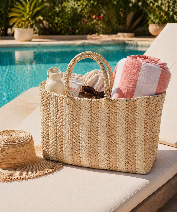 Oversized straw beach basket made from corn husk with textured weave, zip closure, interior pocket, fully lined, straw-wrapped handles, 54cm width, 52cm height.