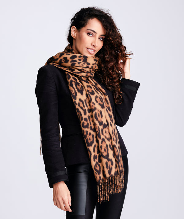 Camel Leopard Print Winter Scarf in Cashmere Feel