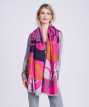 Fuchsia Oversized Floral Scarf with Soft Frayed Hemline