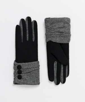 Black/Grey Wool Felt Gloves with Button Cuff and Faux Fur Lining