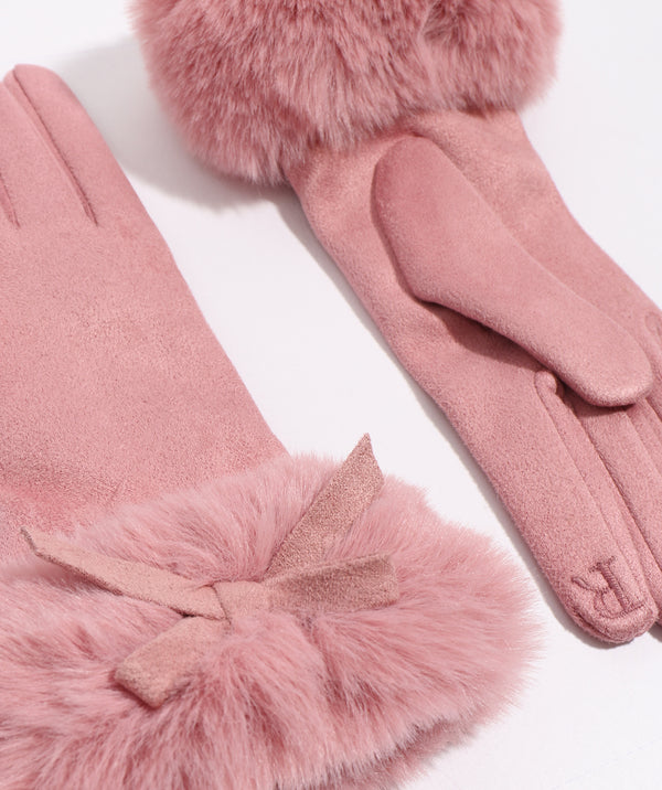 Blush Faux Suede Glove with Bow Embellishment and Fur