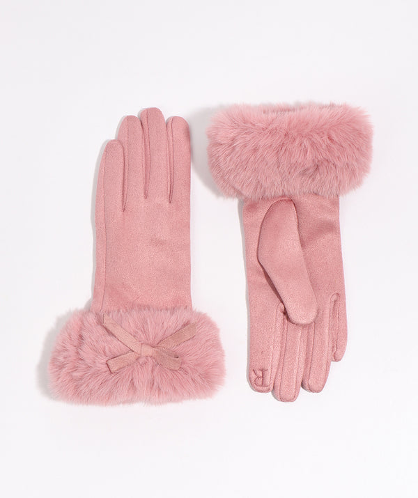 Blush Faux Suede Glove with Bow Embellishment and Fur