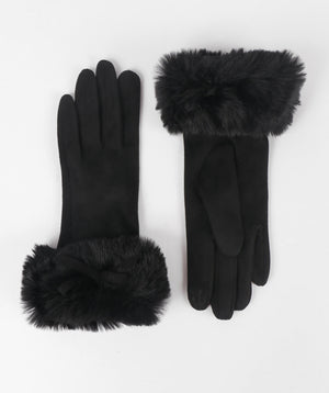 Black Faux Suede Gloves with Bow Embellishment